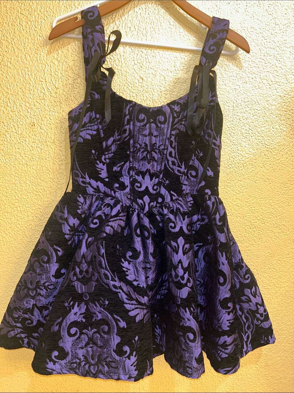 Purple & Black Damask Mini Fit-and-Flare Dress with Shoulder Ties